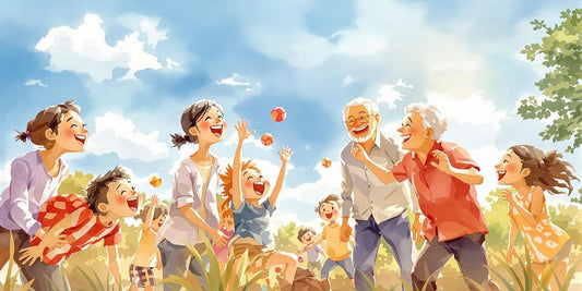Family laughing and playing games outdoors in watercolor style.