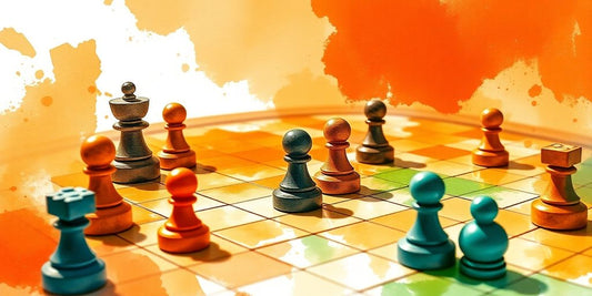 Watercolor illustration of a strategy board game setup.